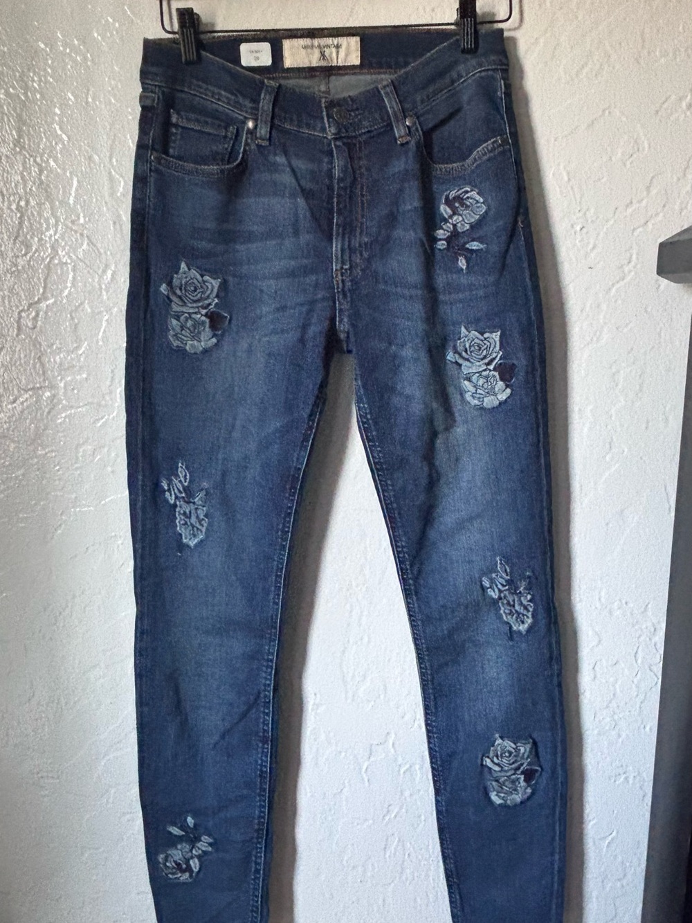 Miss Me Vintage Dark Blue Skinny Jeans with Rose Appliqué